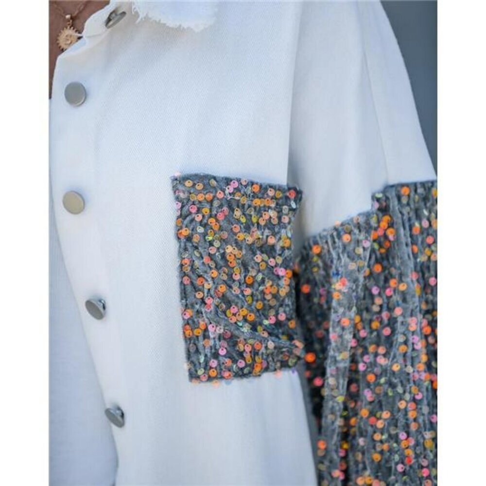 Sequin Patchwork Oversized Denim Shacket Long Sle… - image 5